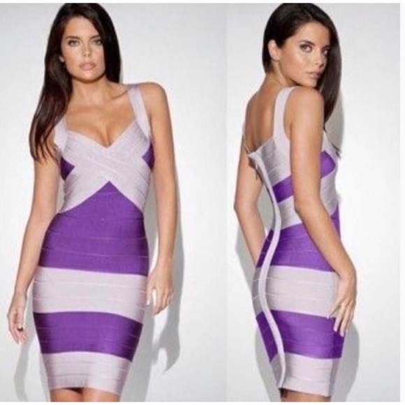 Herve Leger Dresses & Skirts - HERVE LEGER Silver Purple Bandage Mini Dress 💜